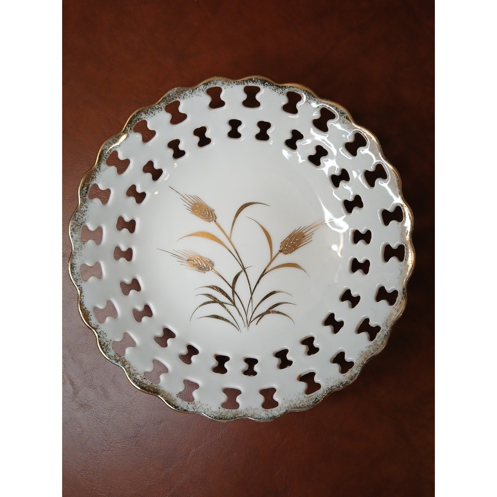 Lefton China Vintage Hand‎ Painted Wheat Pattern Gold Trim Pedestal Plate #130B5